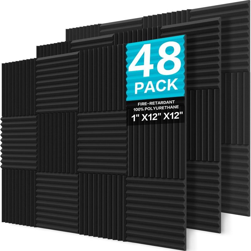 JBER Sound Proof Foam Panels Studio Acoustic Foam Panels, 48 Pack 1" X 12" X 12" Soundproofing Wedges Sound Proof Padding Fireproof Acoustic Treatment for Home Office - Black - Image 1